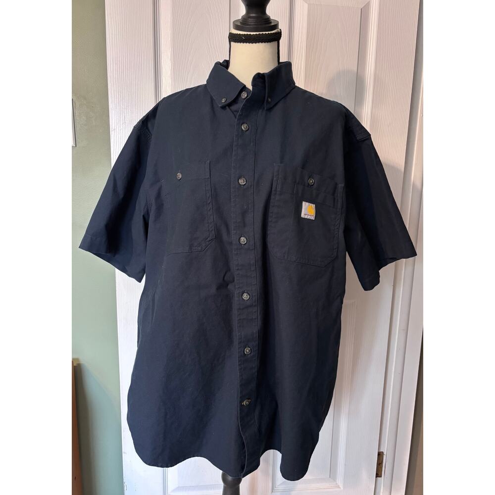 Carhartt Button Down Short Sleeve Men's XL Work Shirt Navy Blue